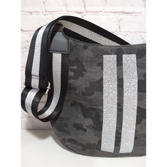 Koala Kanvas Mini City Bag Black Gray Camo Print Silver Metallic Stripe Strap - Picture 2 of 16